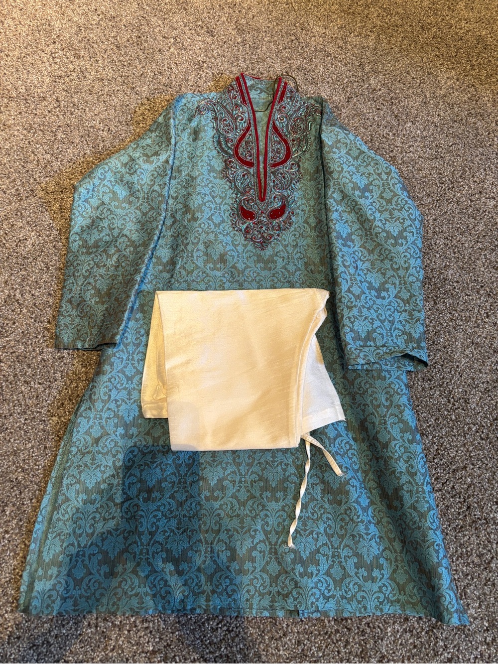 Turquoise Embroidered Kids Dress with Cream Sash